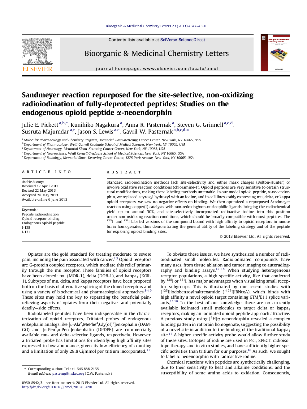 Sandmeyer reaction repurposed for the site-selective, non-oxidizing radioiodination of fully-deprotected peptides: Studies on the endogenous opioid peptide Î±-neoendorphin