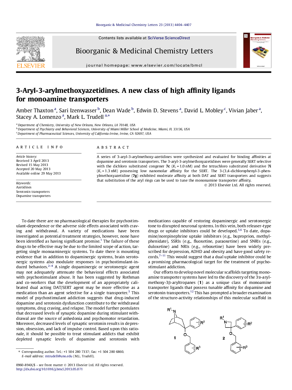 3-Aryl-3-arylmethoxyazetidines. A new class of high affinity ligands for monoamine transporters