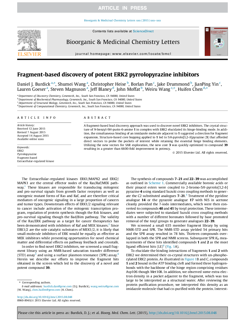 Fragment-based discovery of potent ERK2 pyrrolopyrazine inhibitors