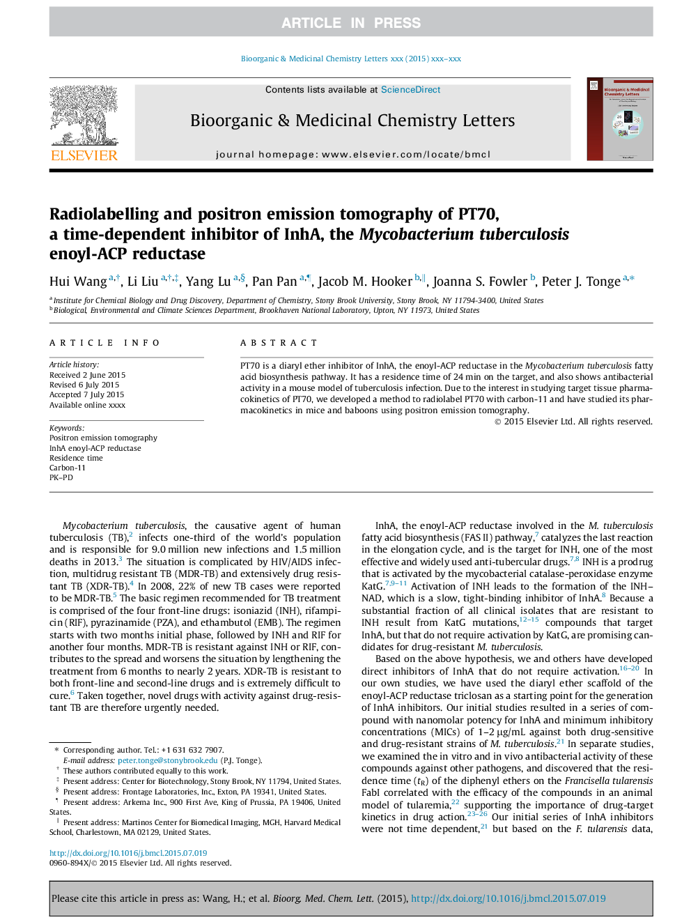 Radiolabelling and positron emission tomography of PT70, a time-dependent inhibitor of InhA, the Mycobacterium tuberculosis enoyl-ACP reductase