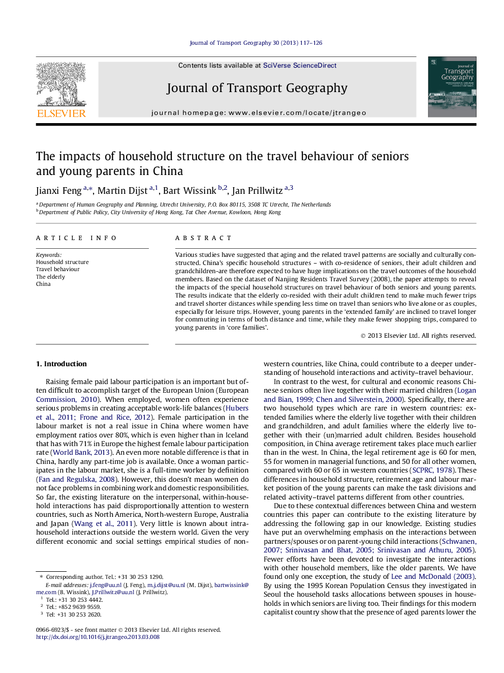 The impacts of household structure on the travel behaviour of seniors and young parents in China