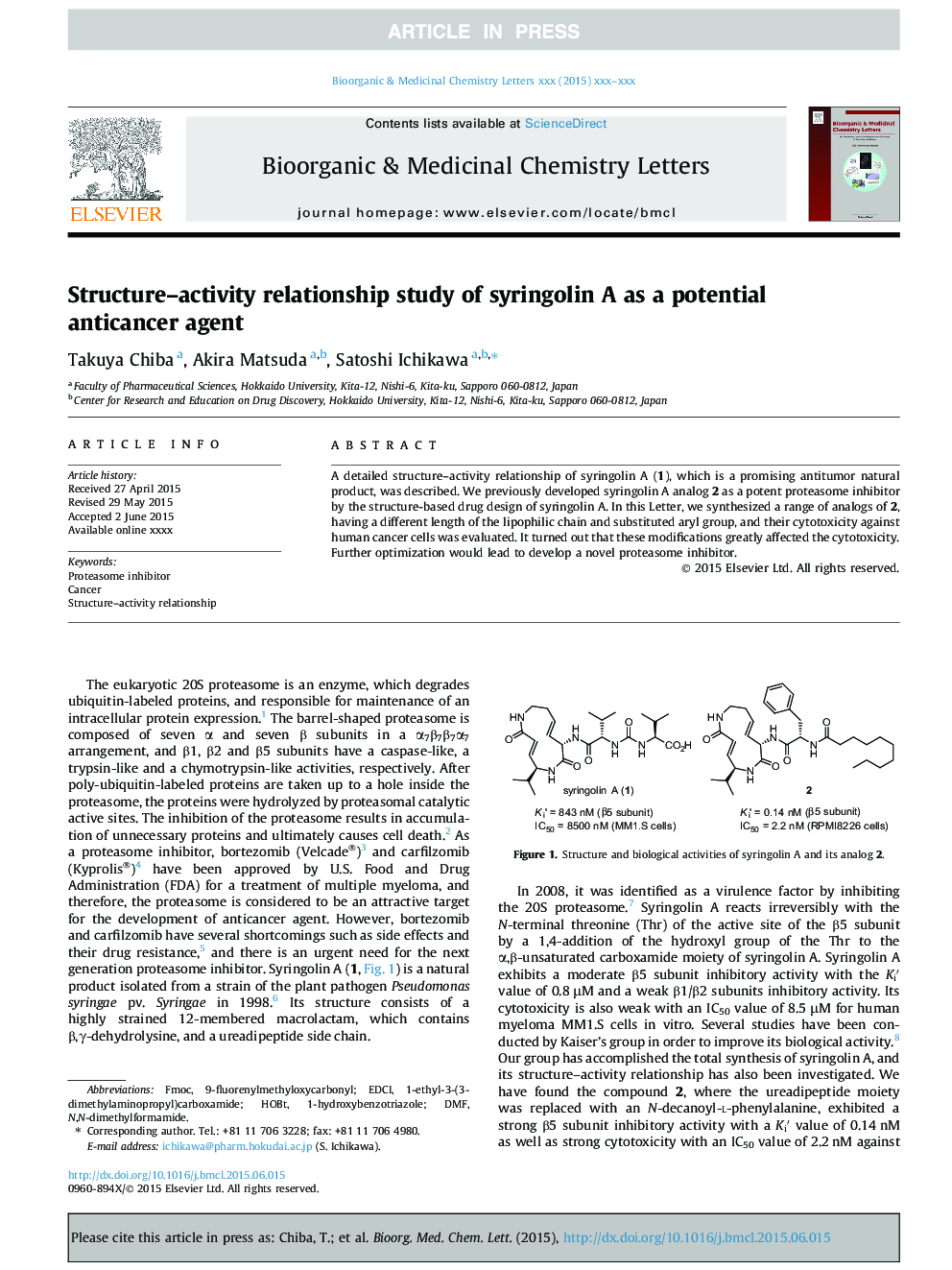 Structure-activity relationship study of syringolin A as a potential anticancer agent