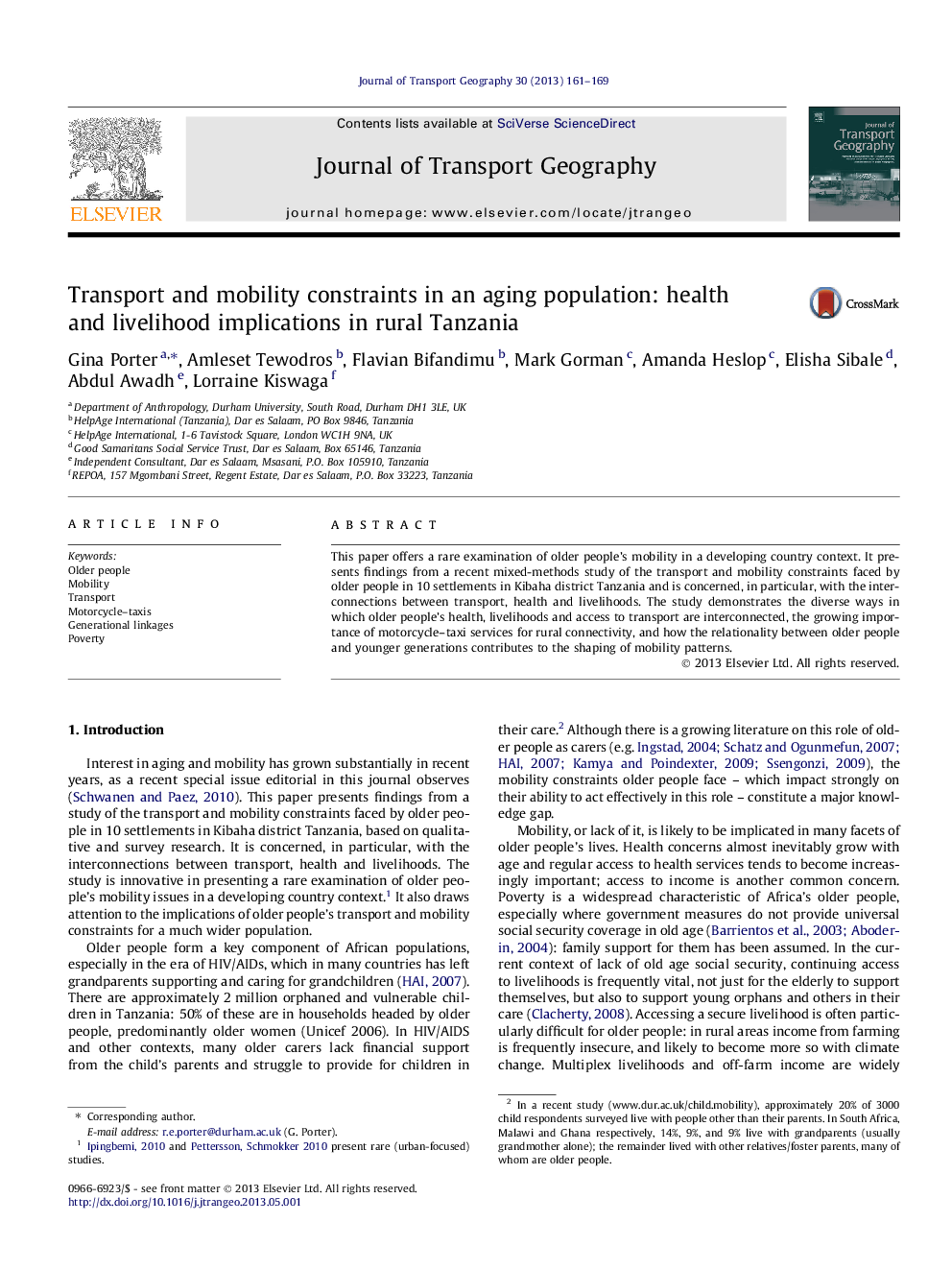 Transport and mobility constraints in an aging population: health and livelihood implications in rural Tanzania