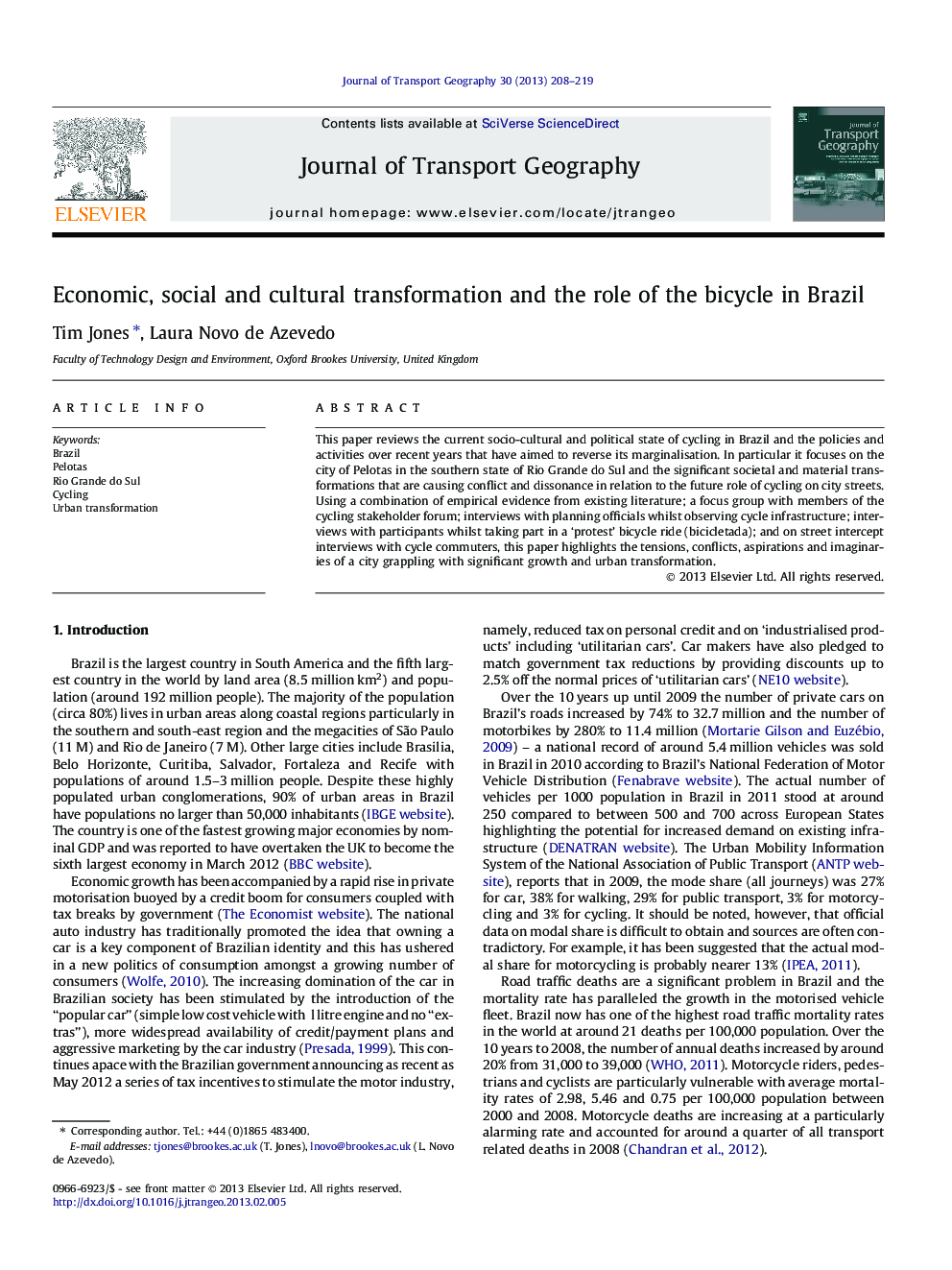 Economic, social and cultural transformation and the role of the bicycle in Brazil