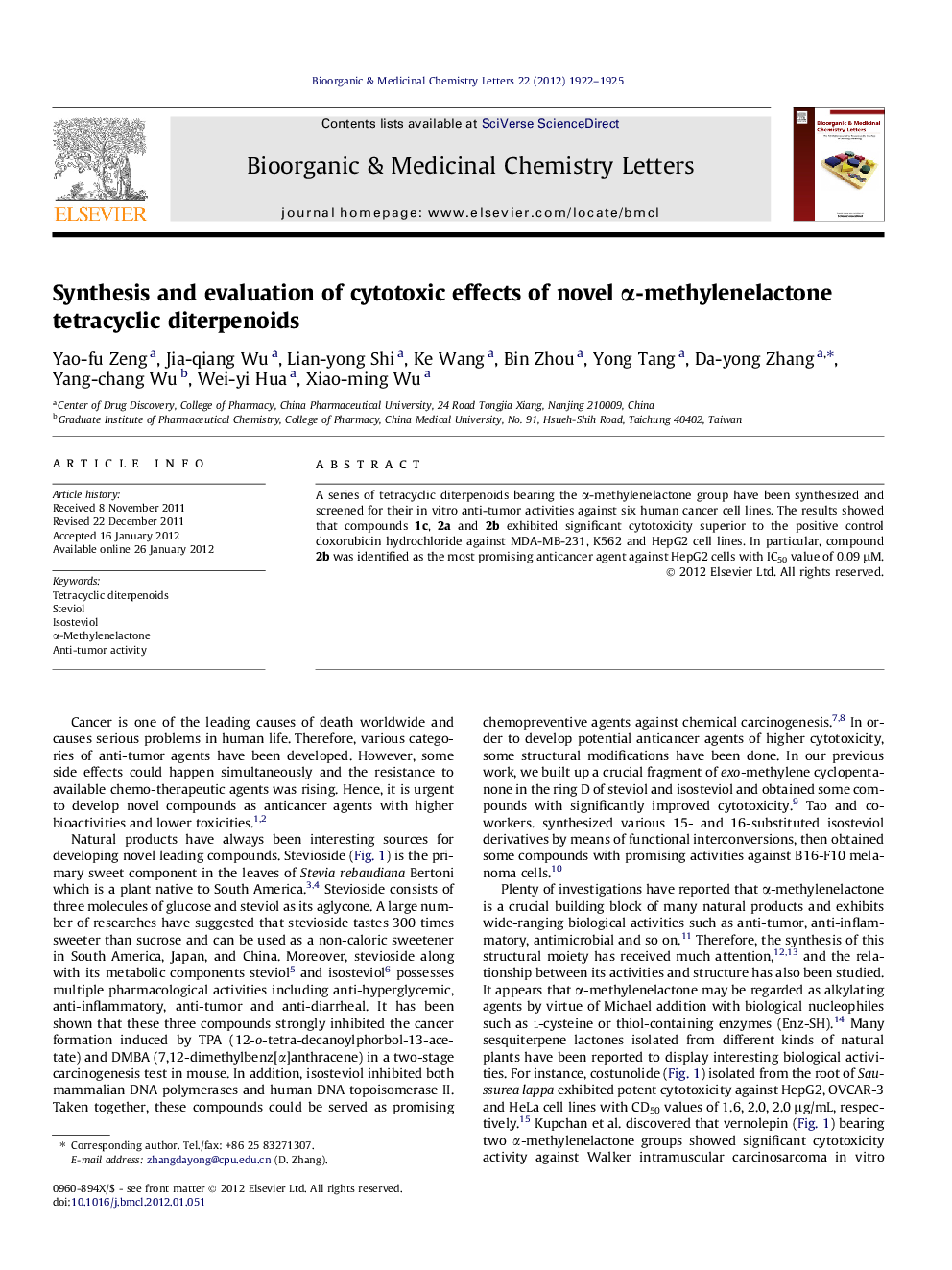 Synthesis and evaluation of cytotoxic effects of novel Î±-methylenelactone tetracyclic diterpenoids