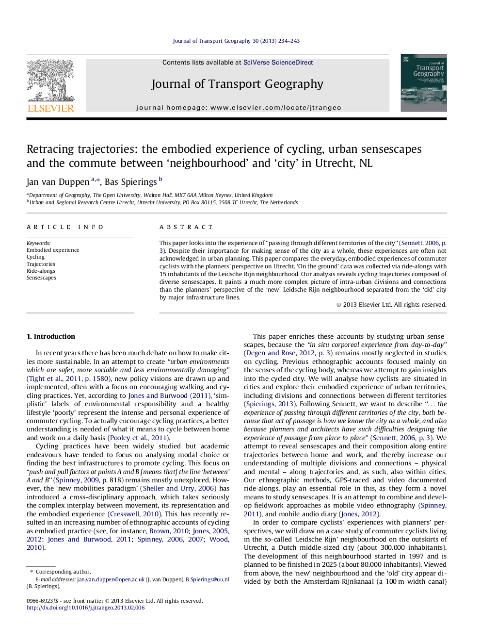 Retracing trajectories: the embodied experience of cycling, urban sensescapes and the commute between ‘neighbourhood’ and ‘city’ in Utrecht, NL