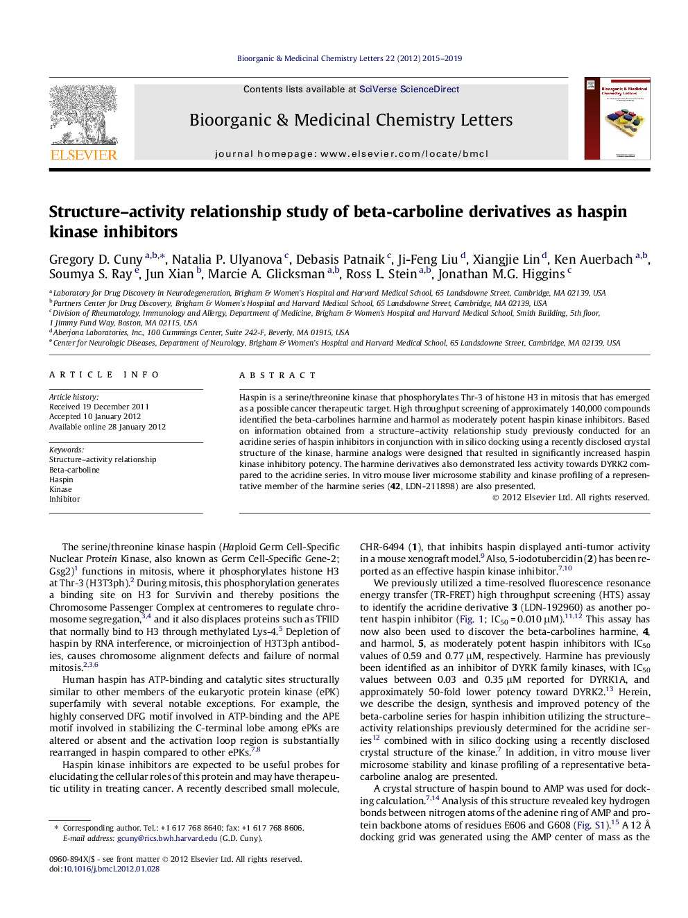 Structure-activity relationship study of beta-carboline derivatives as haspin kinase inhibitors