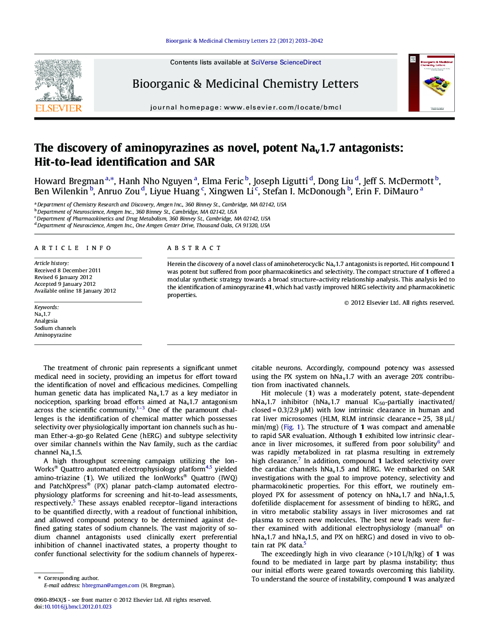 The discovery of aminopyrazines as novel, potent Nav1.7 antagonists: Hit-to-lead identification and SAR