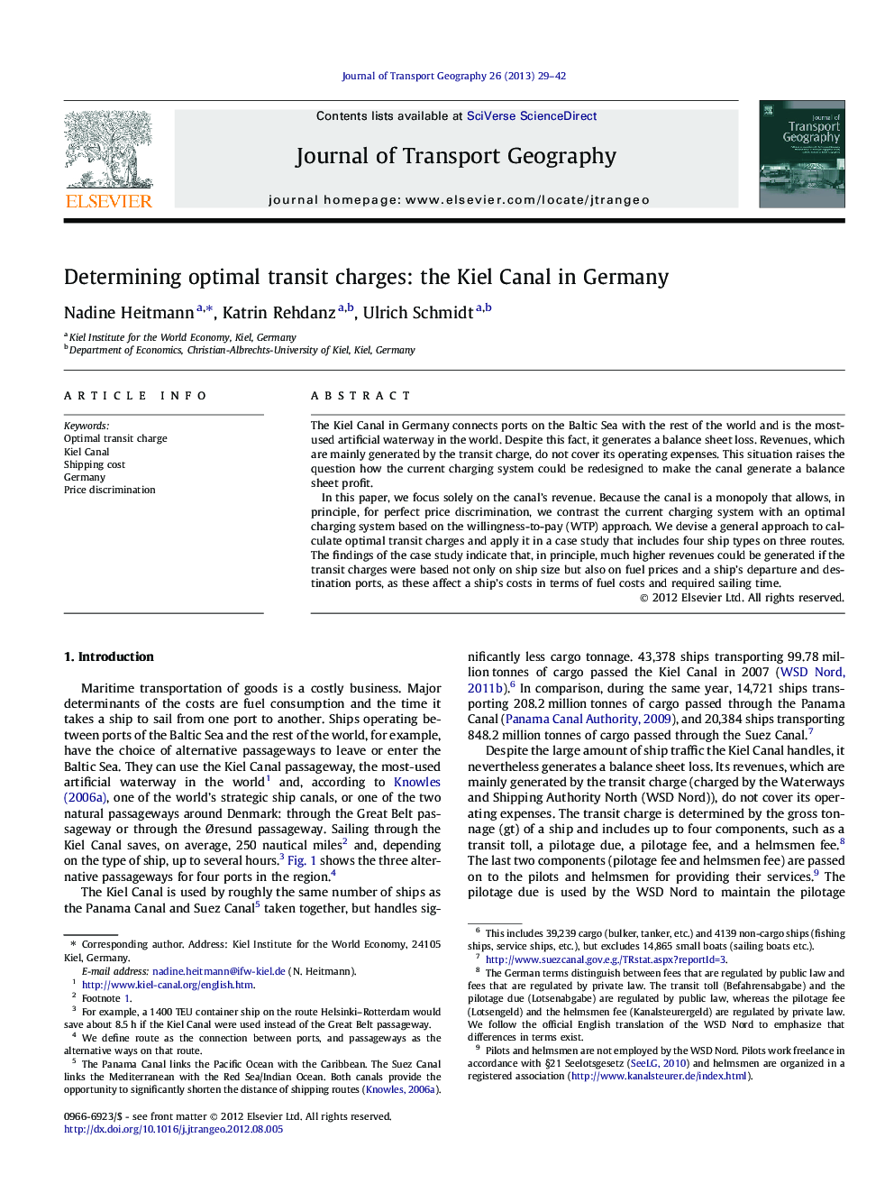 Determining optimal transit charges: the Kiel Canal in Germany