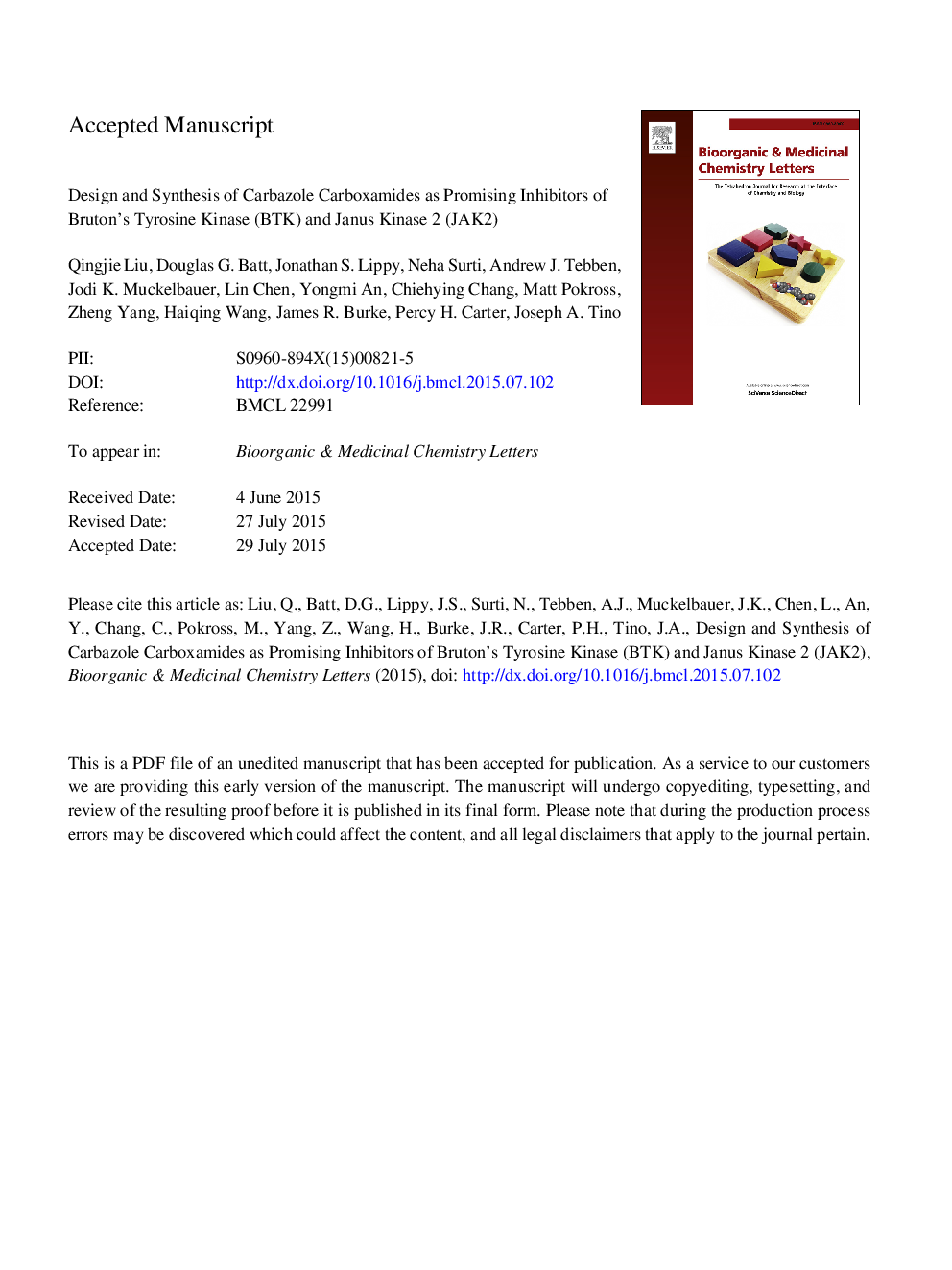 Design and synthesis of carbazole carboxamides as promising inhibitors of Bruton's tyrosine kinase (BTK) and Janus kinase 2 (JAK2)