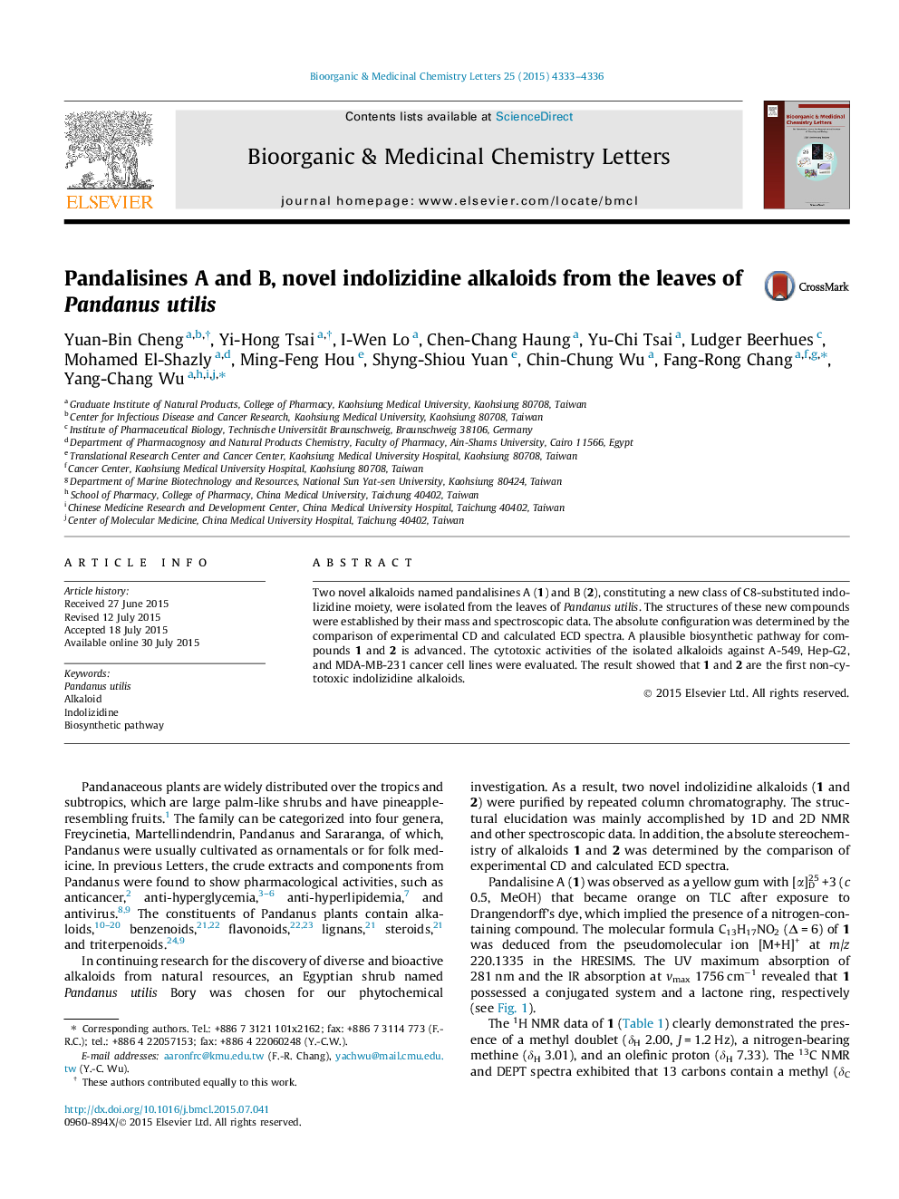 Pandalisines A and B, novel indolizidine alkaloids from the leaves of Pandanus utilis