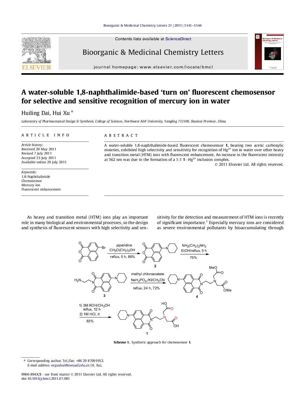 A water-soluble 1,8-naphthalimide-based 'turn on' fluorescent chemosensor for selective and sensitive recognition of mercury ion in water