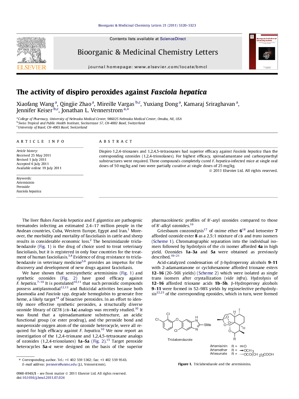 The activity of dispiro peroxides against Fasciola hepatica