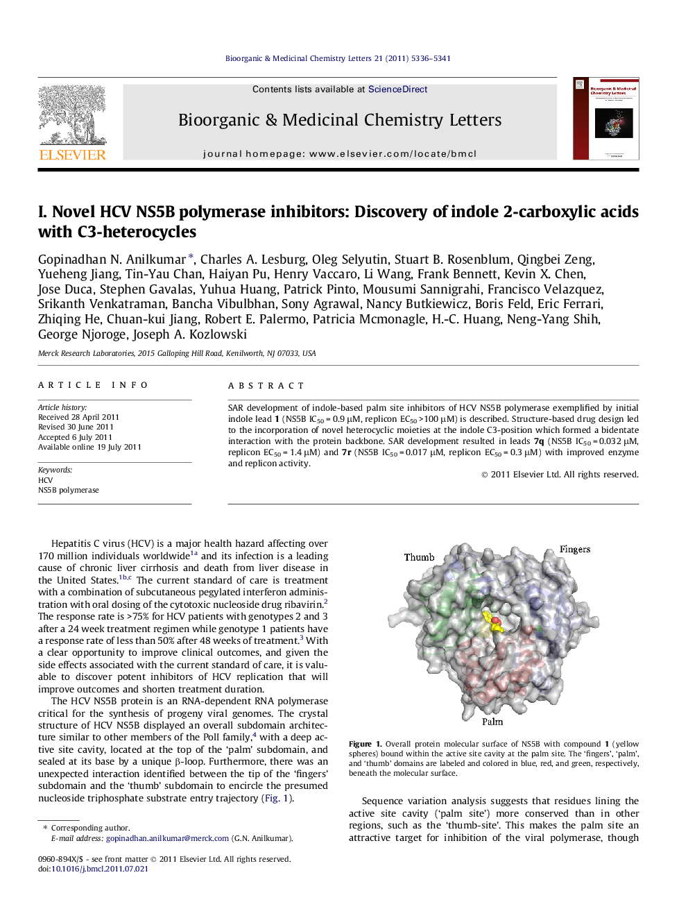 I. Novel HCV NS5B polymerase inhibitors: Discovery of indole 2-carboxylic acids with C3-heterocycles