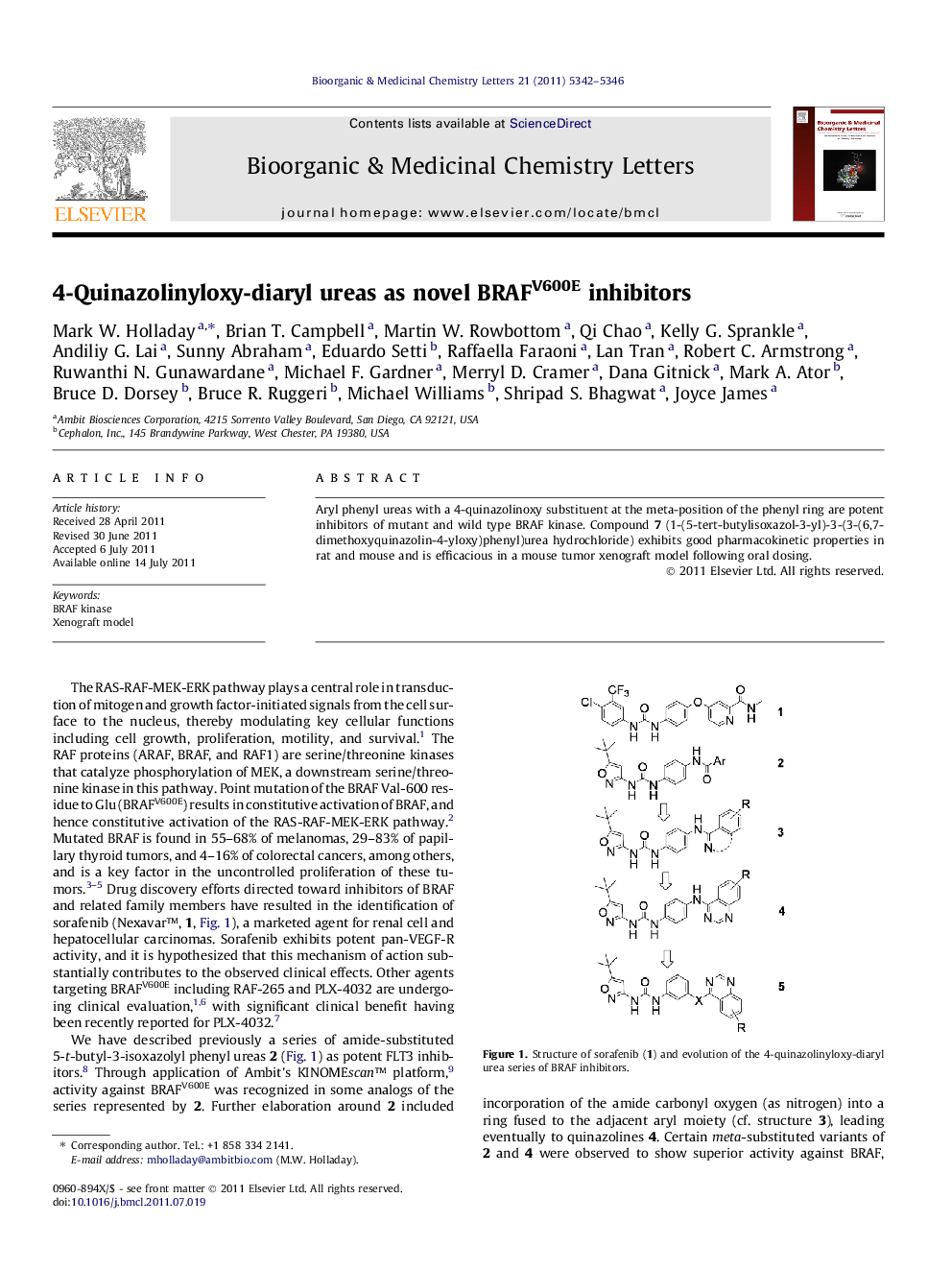 4-Quinazolinyloxy-diaryl ureas as novel BRAFV600E inhibitors