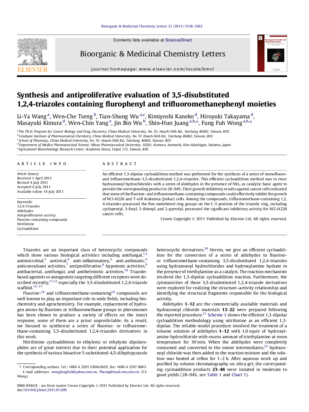 Synthesis and antiproliferative evaluation of 3,5-disubstituted 1,2,4-triazoles containing flurophenyl and trifluoromethanephenyl moieties