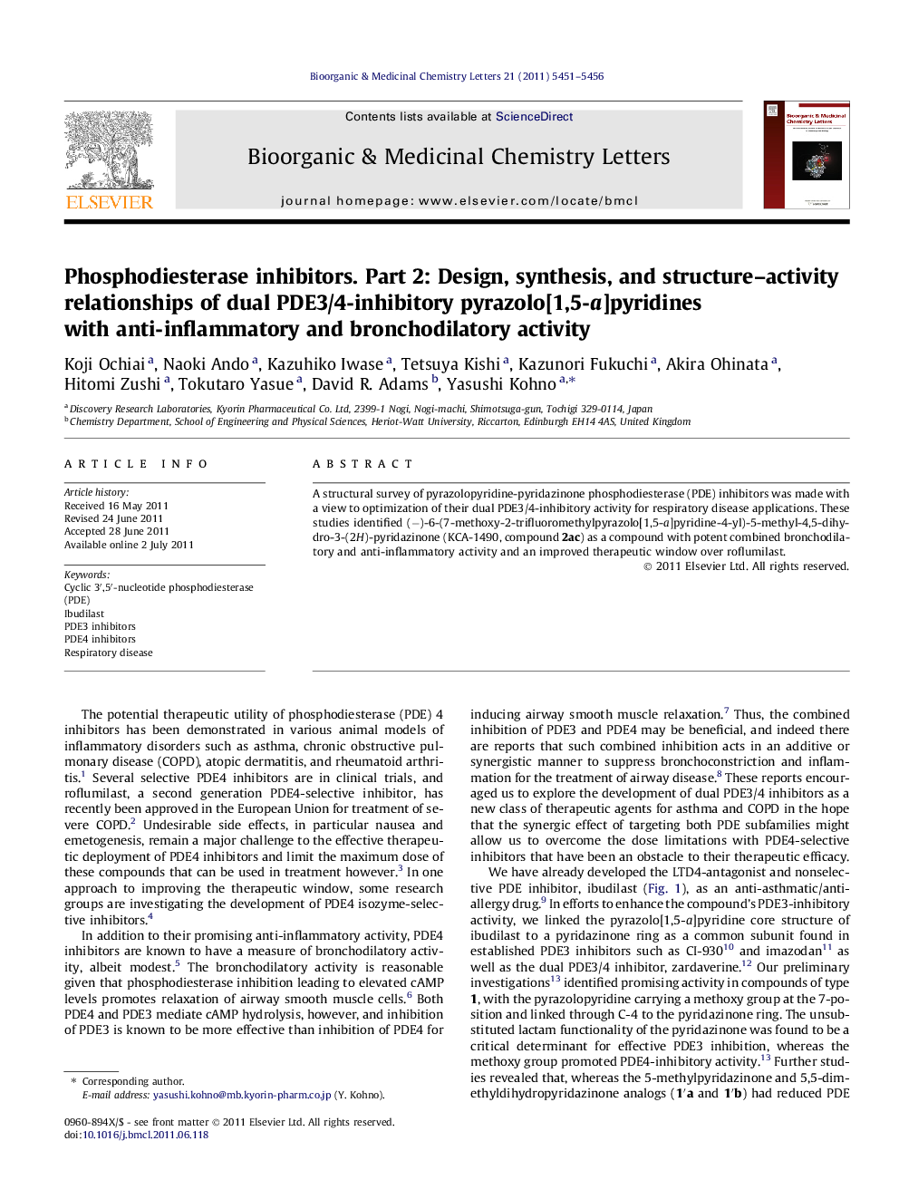 Phosphodiesterase inhibitors. Part 2: Design, synthesis, and structure-activity relationships of dual PDE3/4-inhibitory pyrazolo[1,5-a]pyridines with anti-inflammatory and bronchodilatory activity