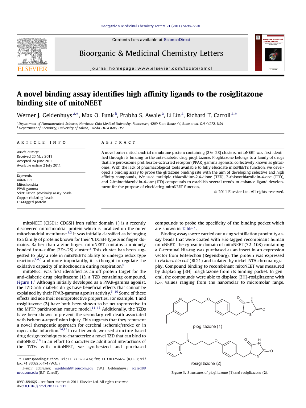 A novel binding assay identifies high affinity ligands to the rosiglitazone binding site of mitoNEET