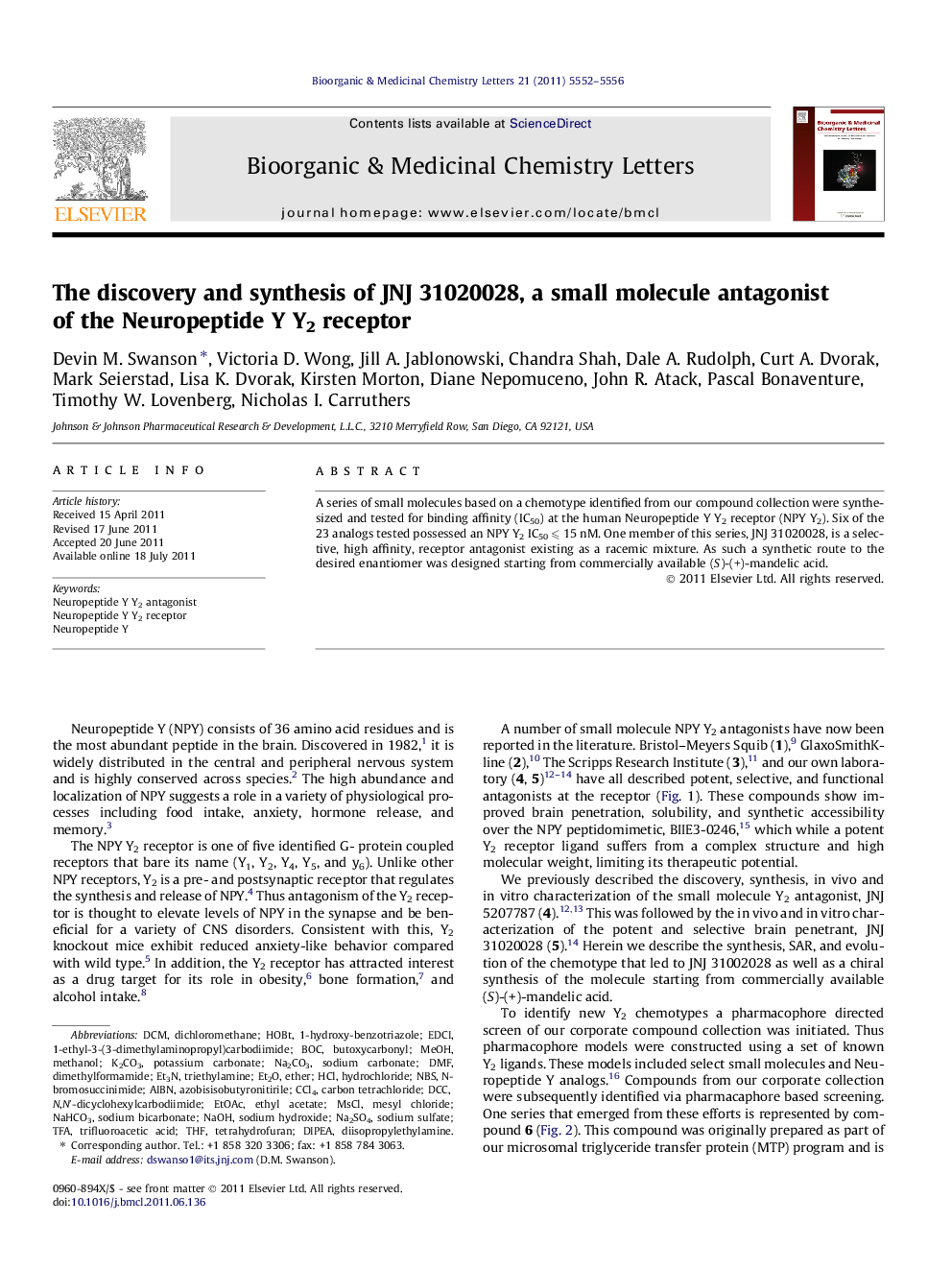 The discovery and synthesis of JNJ 31020028, a small molecule antagonist of the Neuropeptide Y Y2 receptor