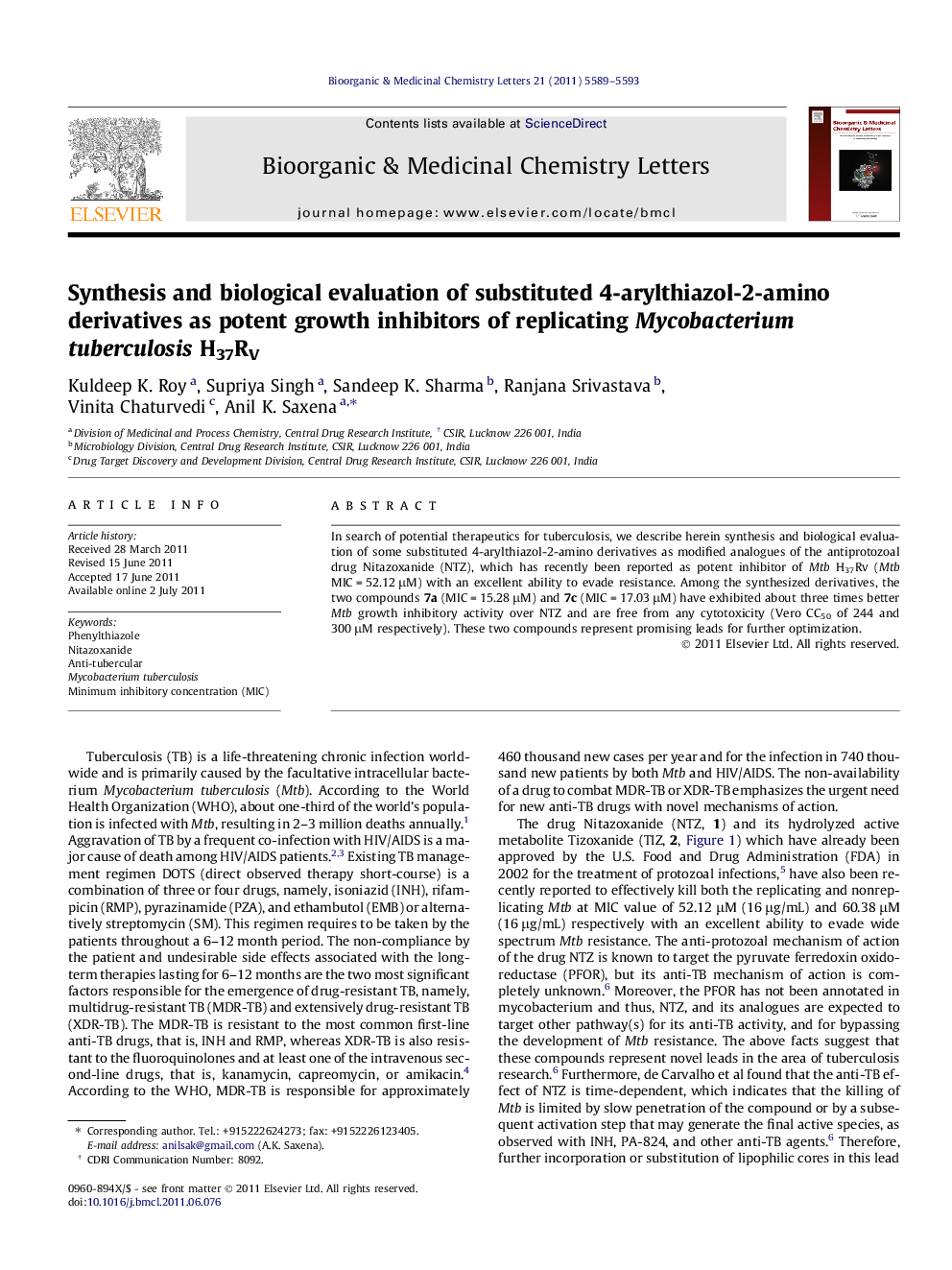 Synthesis and biological evaluation of substituted 4-arylthiazol-2-amino derivatives as potent growth inhibitors of replicating Mycobacterium tuberculosis H37RV