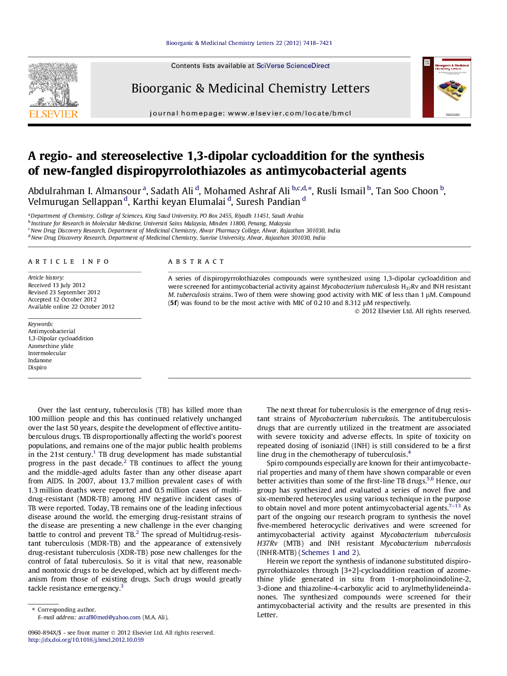 A regio- and stereoselective 1,3-dipolar cycloaddition for the synthesis of new-fangled dispiropyrrolothiazoles as antimycobacterial agents