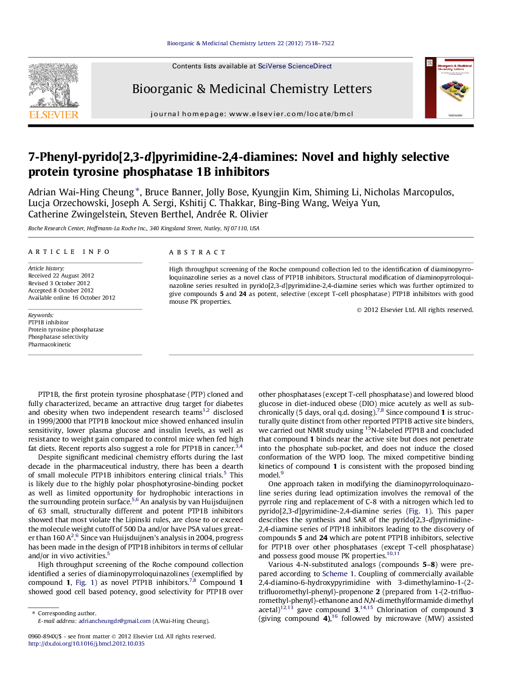 7-Phenyl-pyrido[2,3-d]pyrimidine-2,4-diamines: Novel and highly selective protein tyrosine phosphatase 1B inhibitors