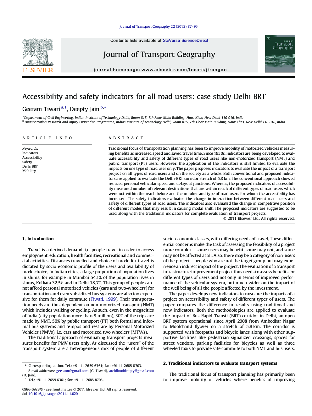 Accessibility and safety indicators for all road users: case study Delhi BRT