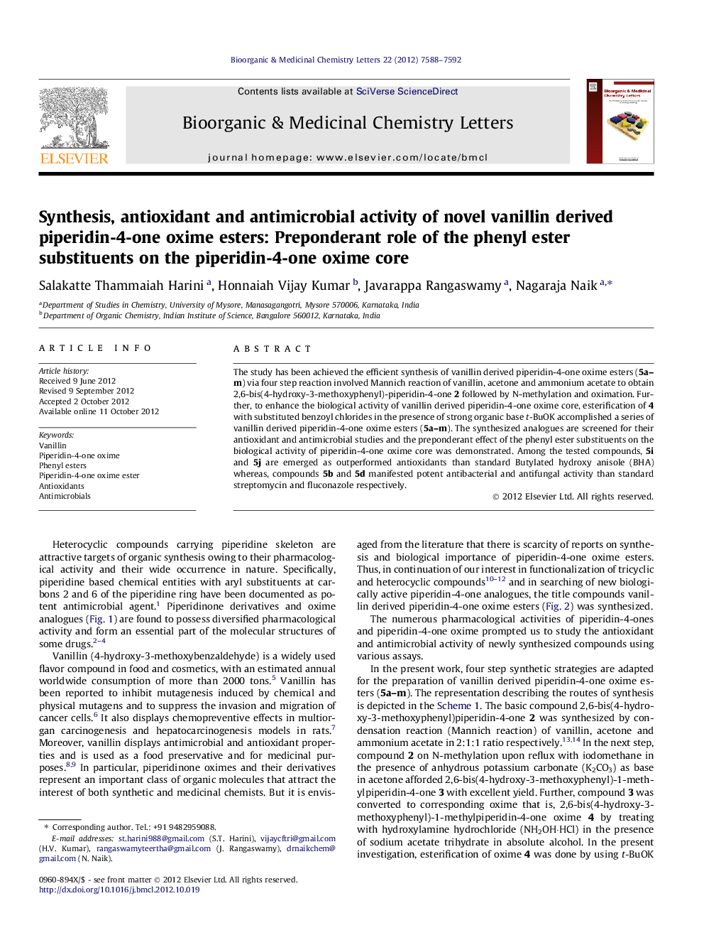 Synthesis, antioxidant and antimicrobial activity of novel vanillin derived piperidin-4-one oxime esters: Preponderant role of the phenyl ester substituents on the piperidin-4-one oxime core