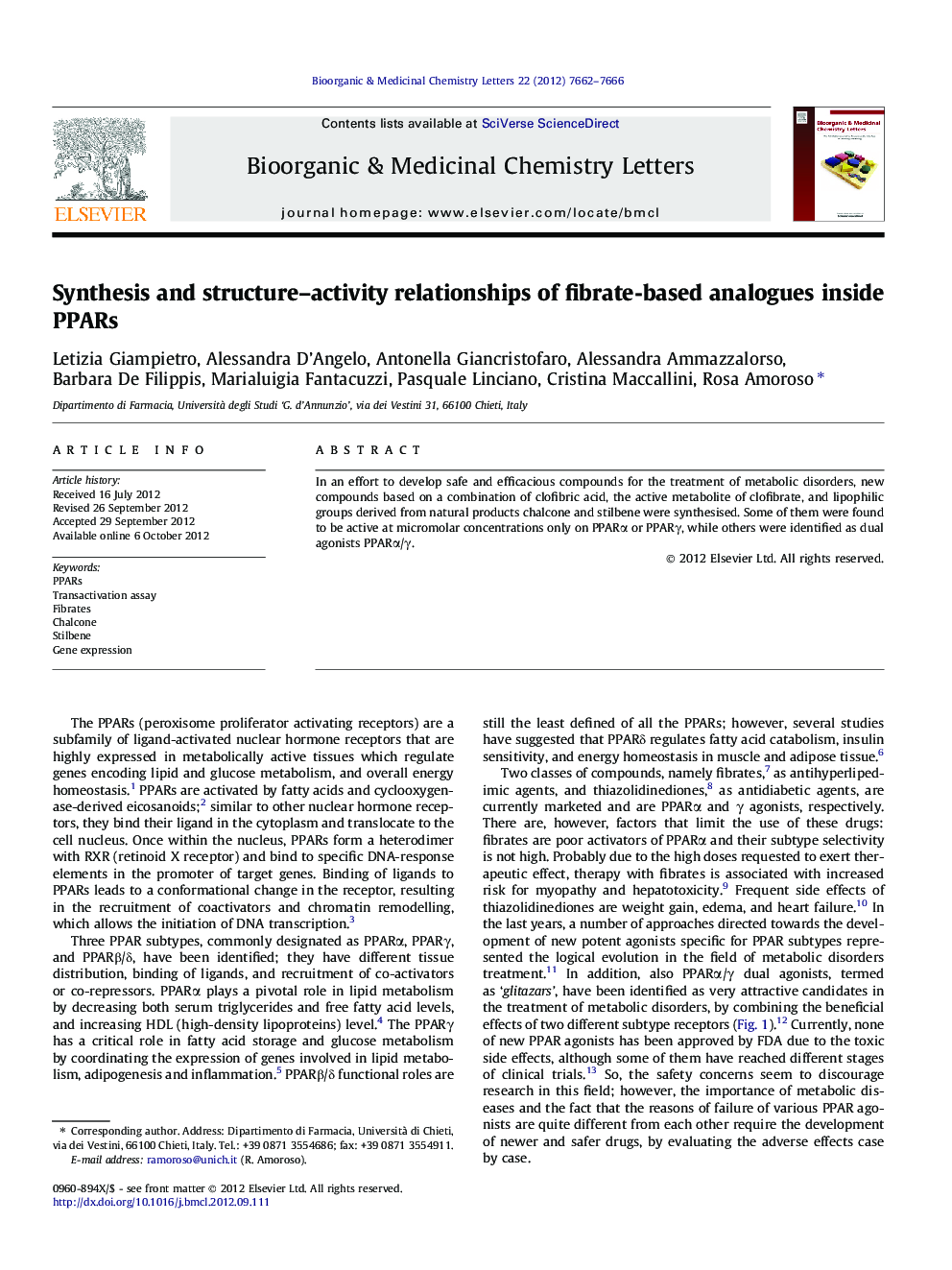 Synthesis and structure-activity relationships of fibrate-based analogues inside PPARs