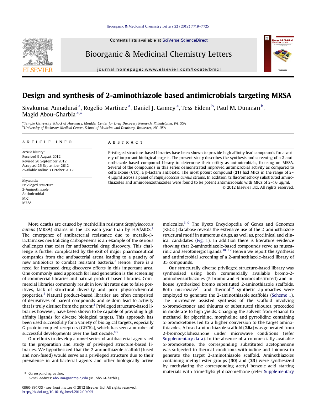 Design and synthesis of 2-aminothiazole based antimicrobials targeting MRSA