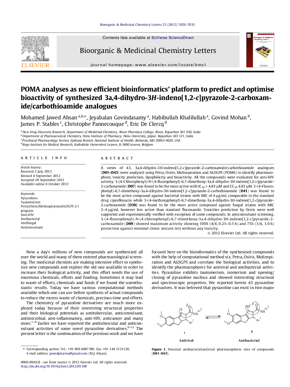 POMA analyses as new efficient bioinformatics' platform to predict and optimise bioactivity of synthesized 3a,4-dihydro-3H-indeno[1,2-c]pyrazole-2-carboxamide/carbothioamide analogues