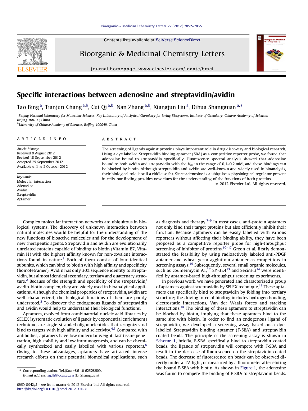 Specific interactions between adenosine and streptavidin/avidin