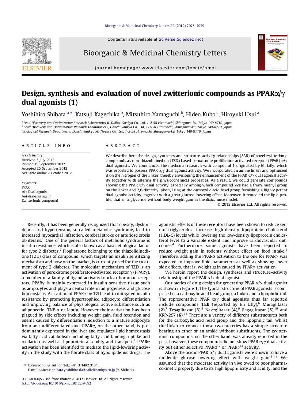 Design, synthesis and evaluation of novel zwitterionic compounds as PPARÎ±/Î³ dual agonists (1)