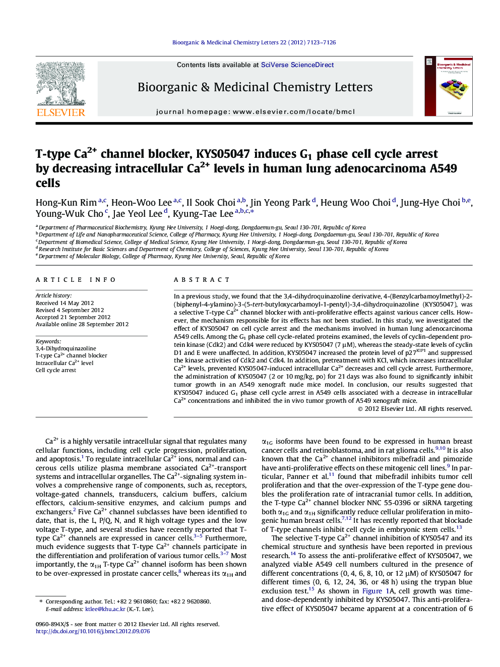 T-type Ca2+ channel blocker, KYS05047 induces G1 phase cell cycle arrest by decreasing intracellular Ca2+ levels in human lung adenocarcinoma A549 cells