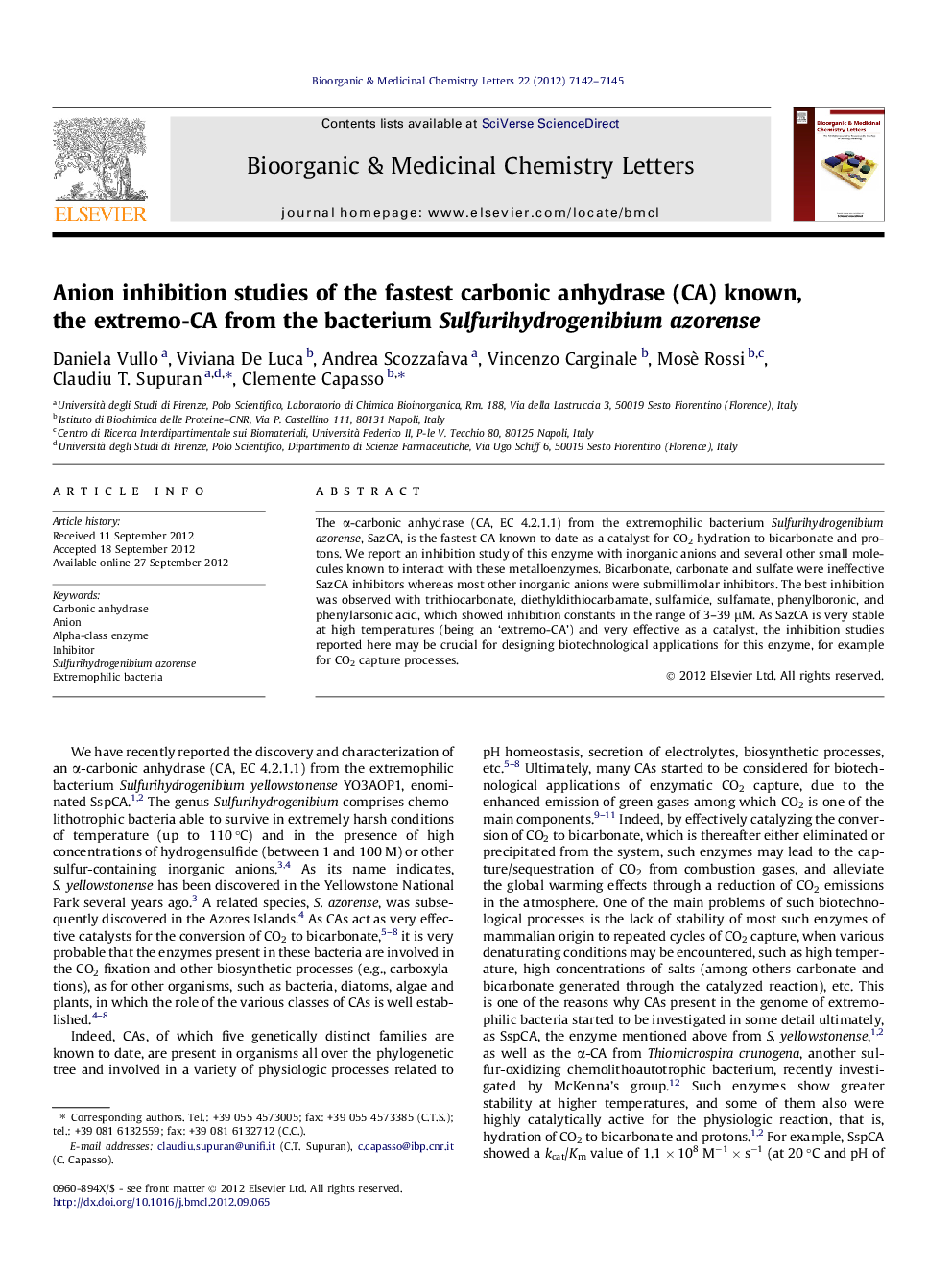 Anion inhibition studies of the fastest carbonic anhydrase (CA) known, the extremo-CA from the bacterium Sulfurihydrogenibium azorense