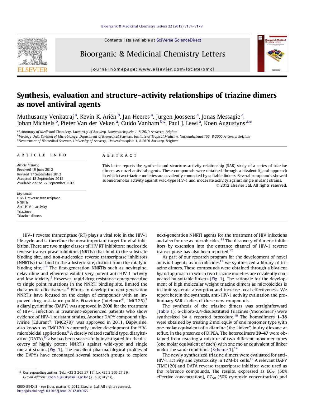 Synthesis, evaluation and structure-activity relationships of triazine dimers as novel antiviral agents