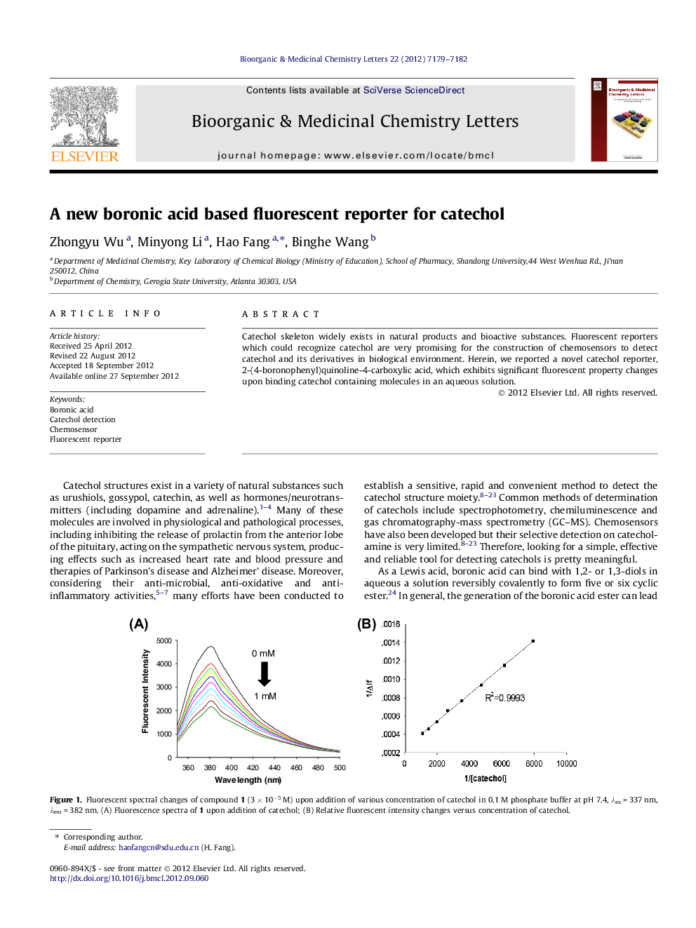 A new boronic acid based fluorescent reporter for catechol