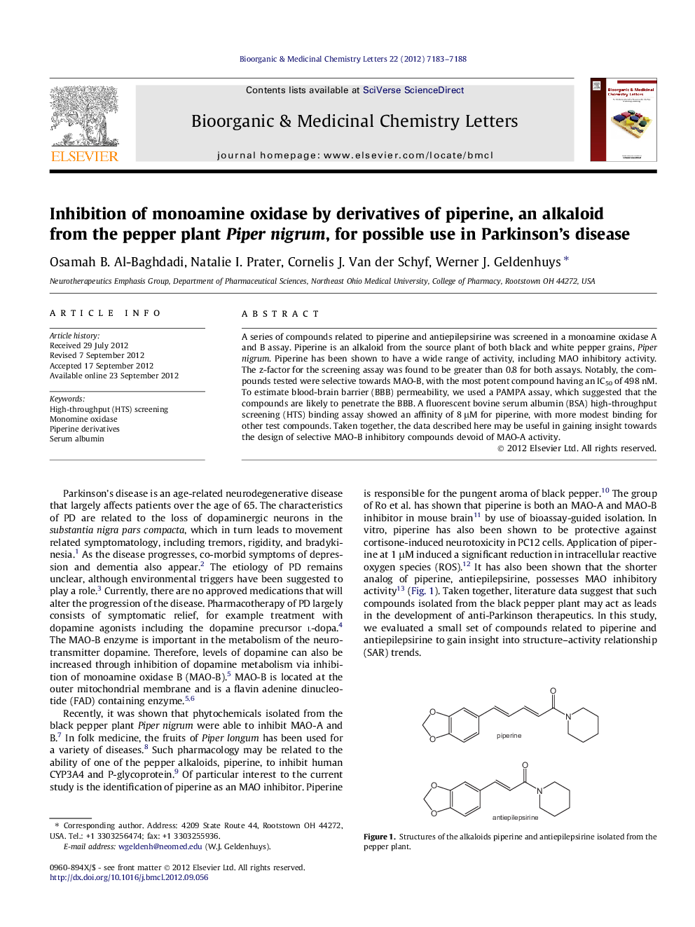 Inhibition of monoamine oxidase by derivatives of piperine, an alkaloid from the pepper plant Piper nigrum, for possible use in Parkinson's disease