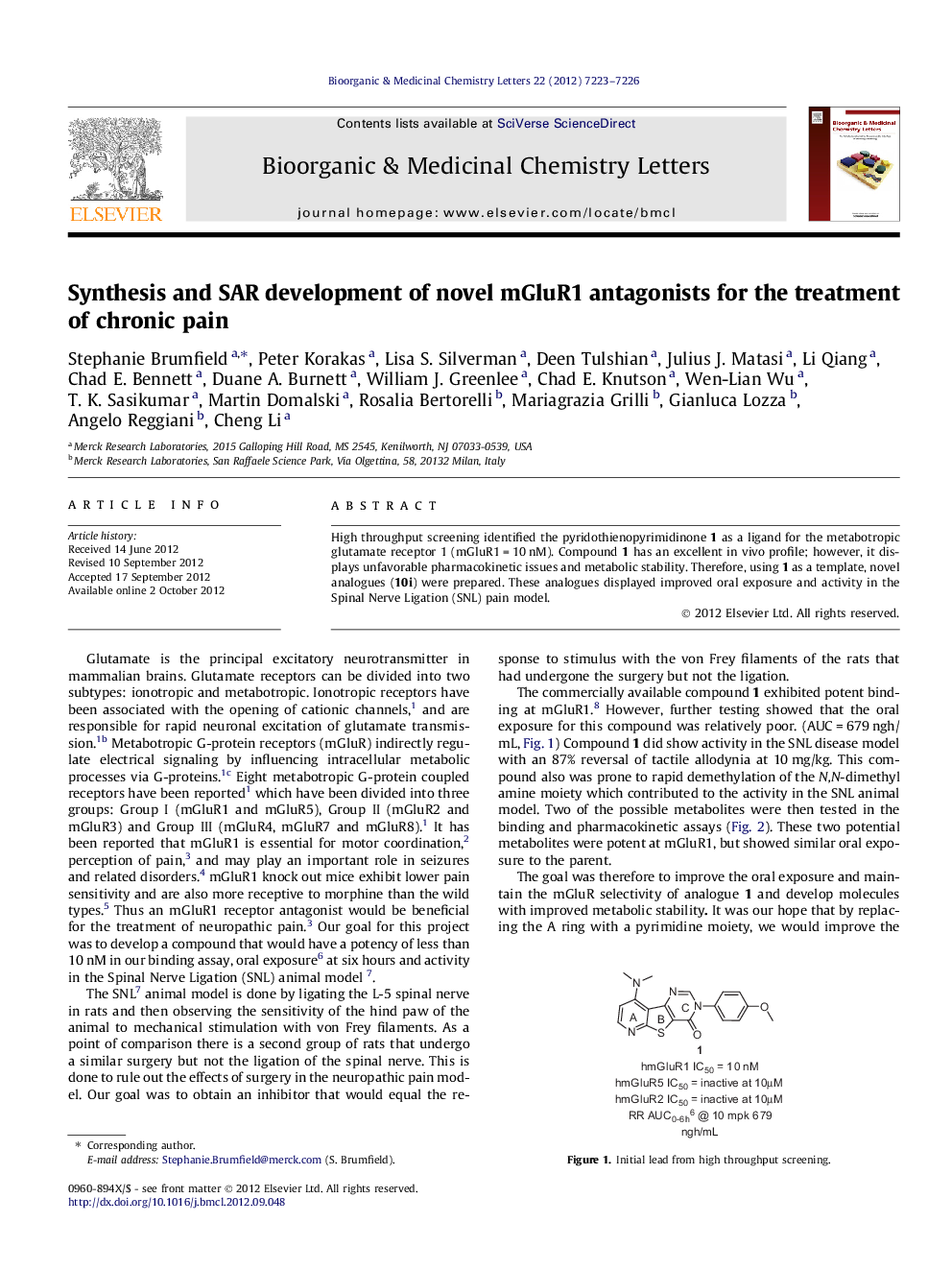 Synthesis and SAR development of novel mGluR1 antagonists for the treatment of chronic pain