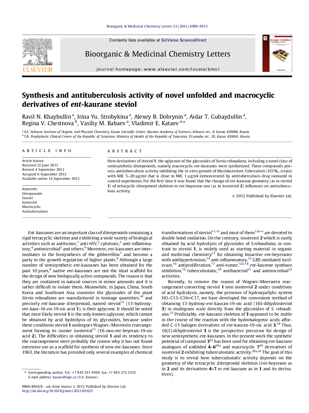 Synthesis and antituberculosis activity of novel unfolded and macrocyclic derivatives of ent-kaurane steviol