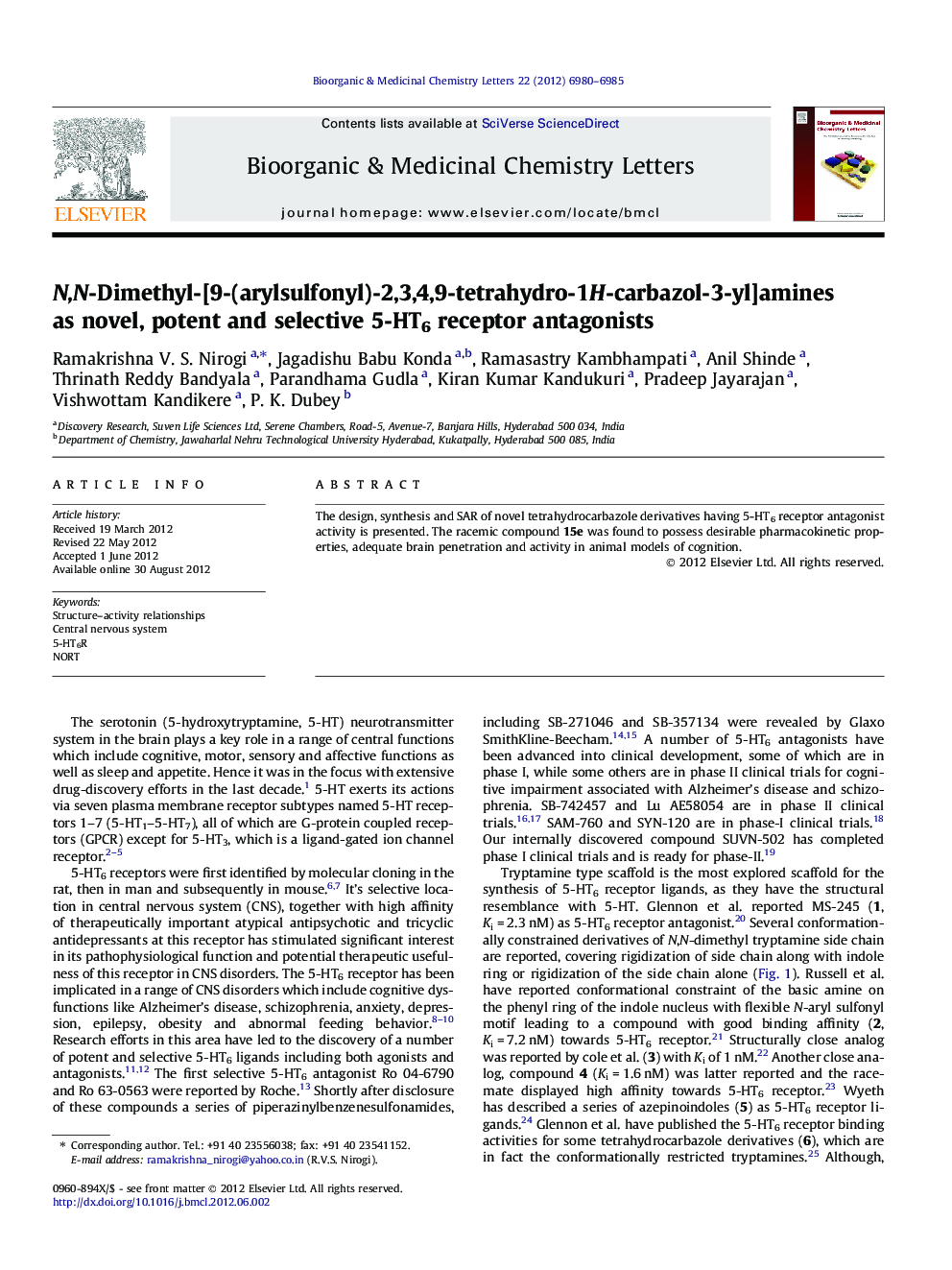 N,N-Dimethyl-[9-(arylsulfonyl)-2,3,4,9-tetrahydro-1H-carbazol-3-yl]amines as novel, potent and selective 5-HT6 receptor antagonists