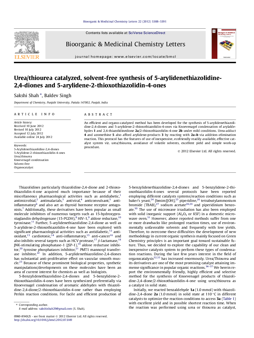 Urea/thiourea catalyzed, solvent-free synthesis of 5-arylidenethiazolidine-2,4-diones and 5-arylidene-2-thioxothiazolidin-4-ones