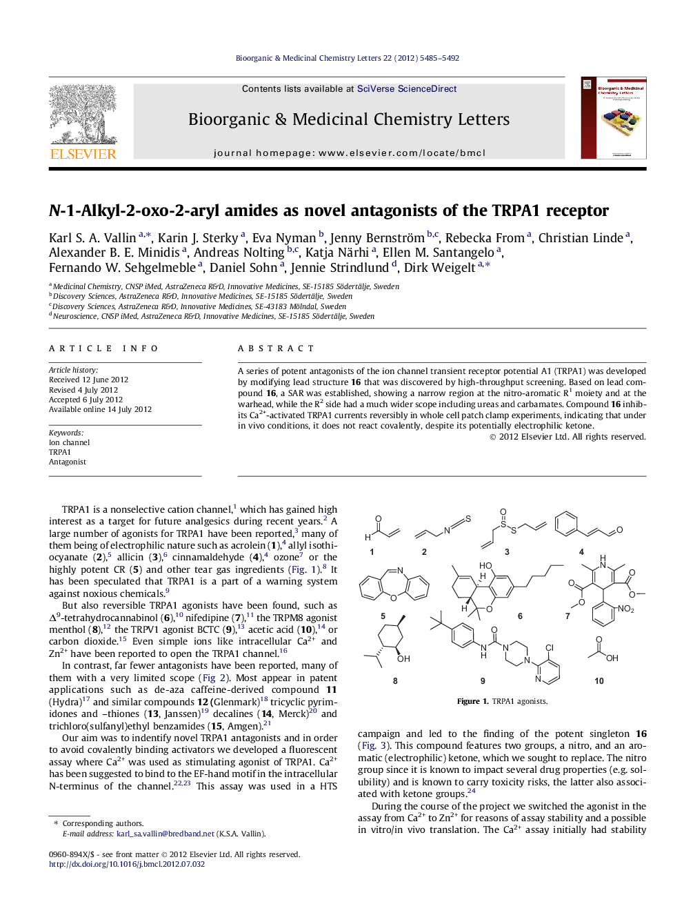 N-1-Alkyl-2-oxo-2-aryl amides as novel antagonists of the TRPA1 receptor