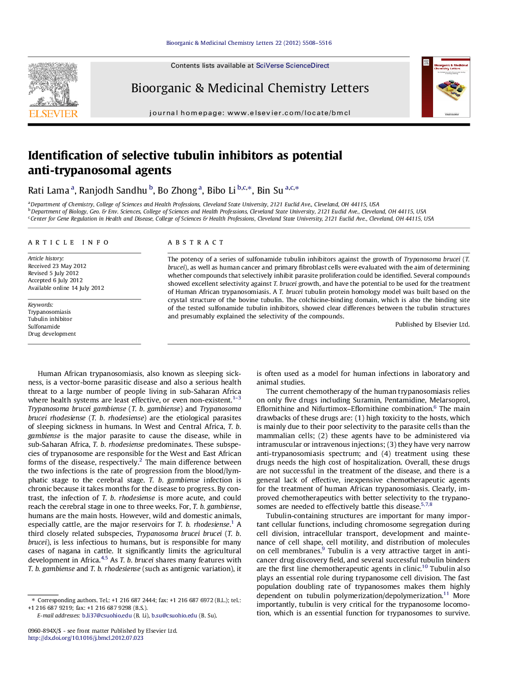 Identification of selective tubulin inhibitors as potential anti-trypanosomal agents