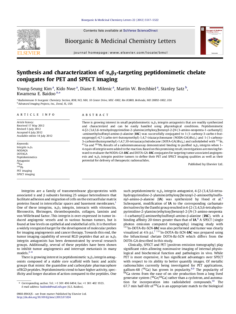 Synthesis and characterization of Î±vÎ²3-targeting peptidomimetic chelate conjugates for PET and SPECT imaging