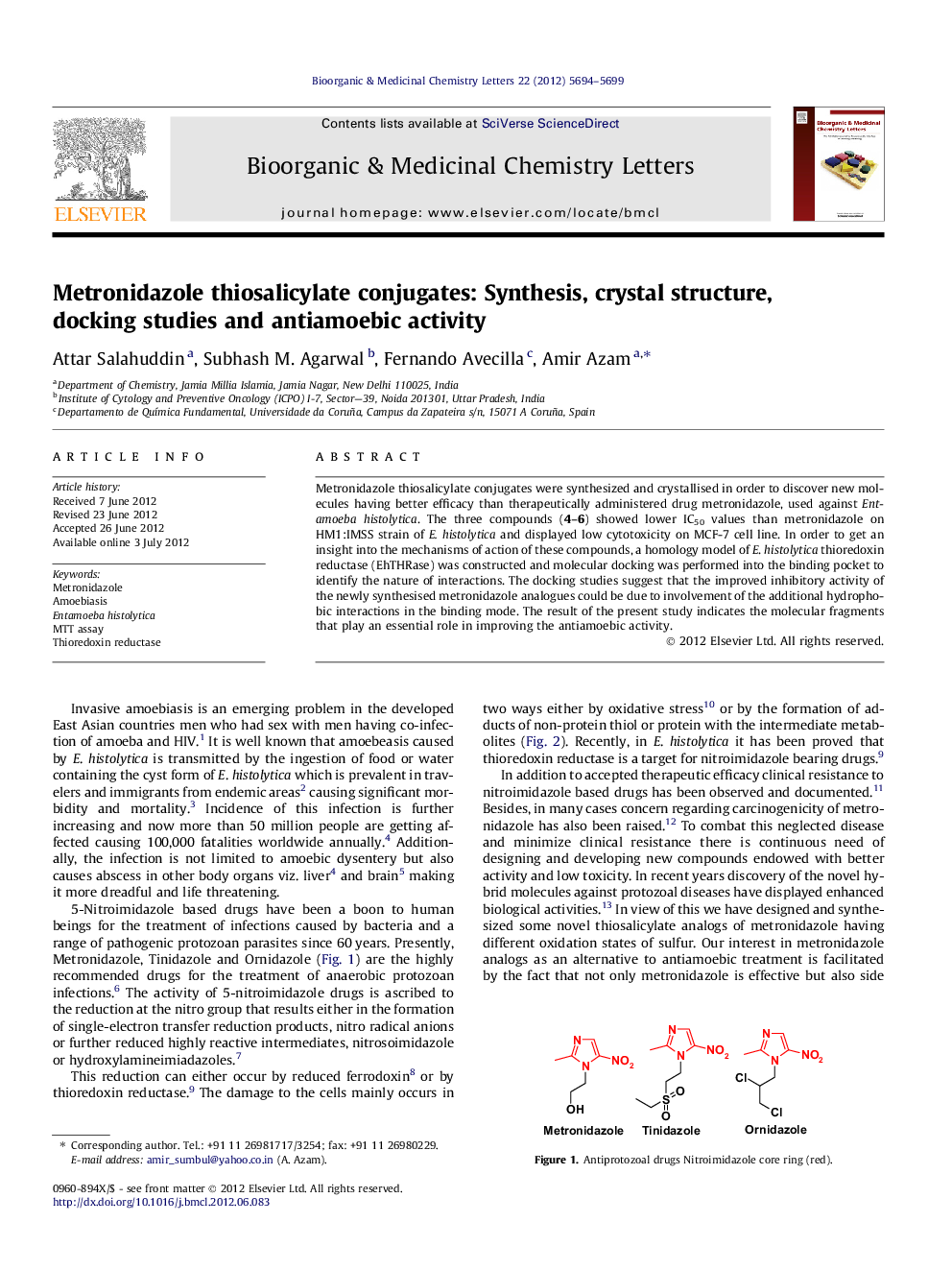 Metronidazole thiosalicylate conjugates: Synthesis, crystal structure, docking studies and antiamoebic activity