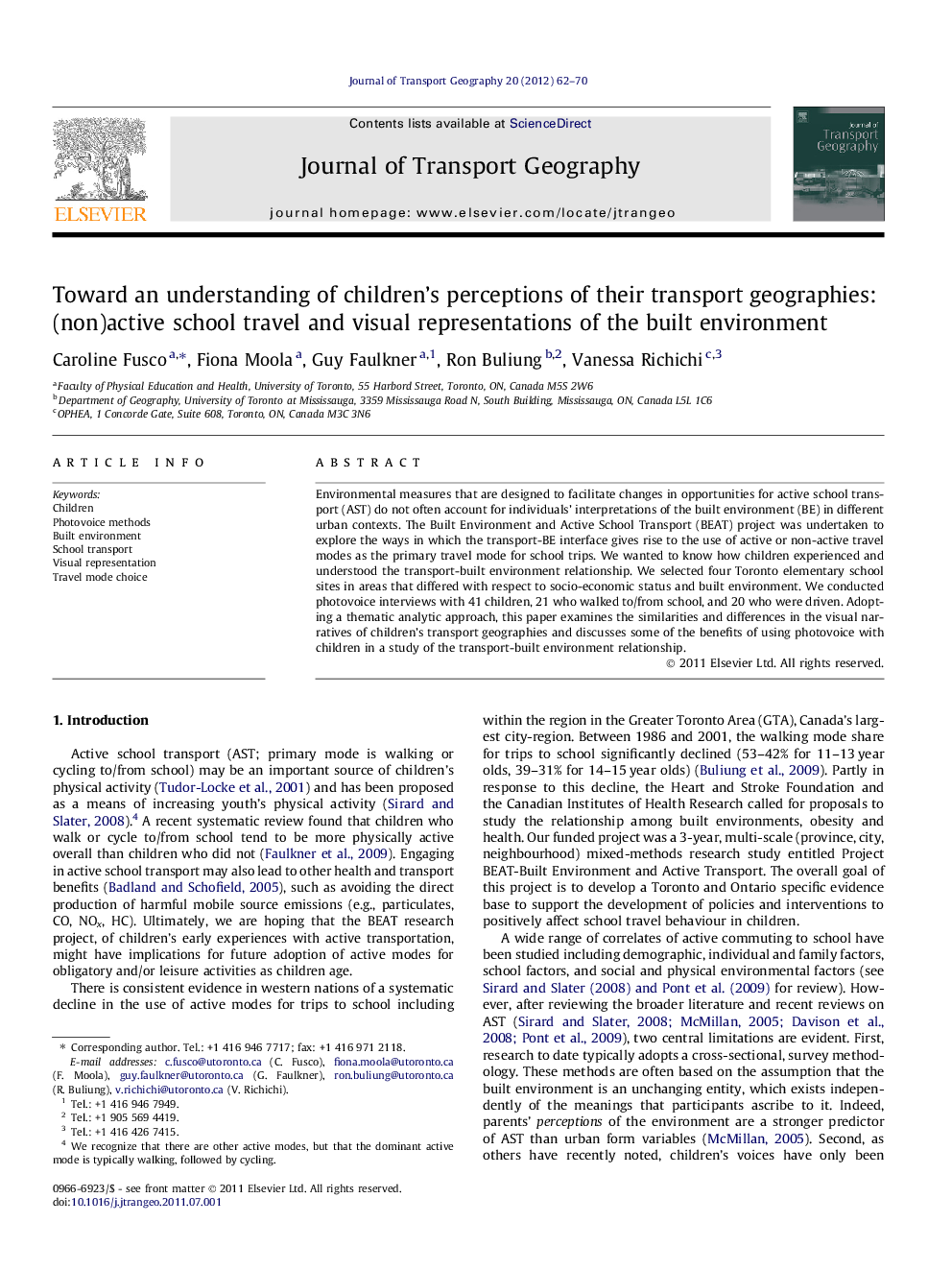 Toward an understanding of children’s perceptions of their transport geographies: (non)active school travel and visual representations of the built environment