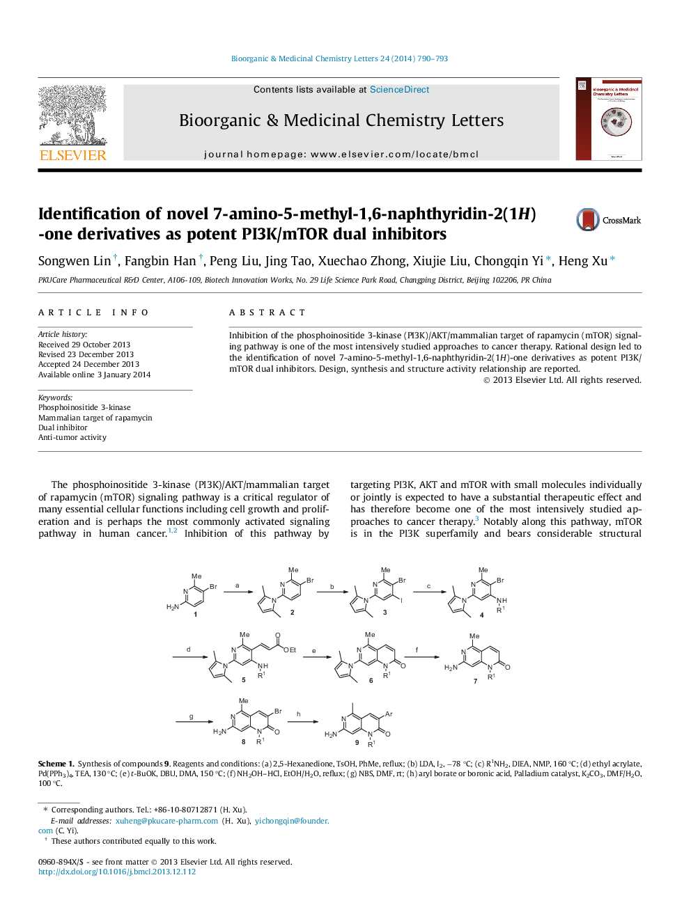 Identification of novel 7-amino-5-methyl-1,6-naphthyridin-2(1H)-one derivatives as potent PI3K/mTOR dual inhibitors
