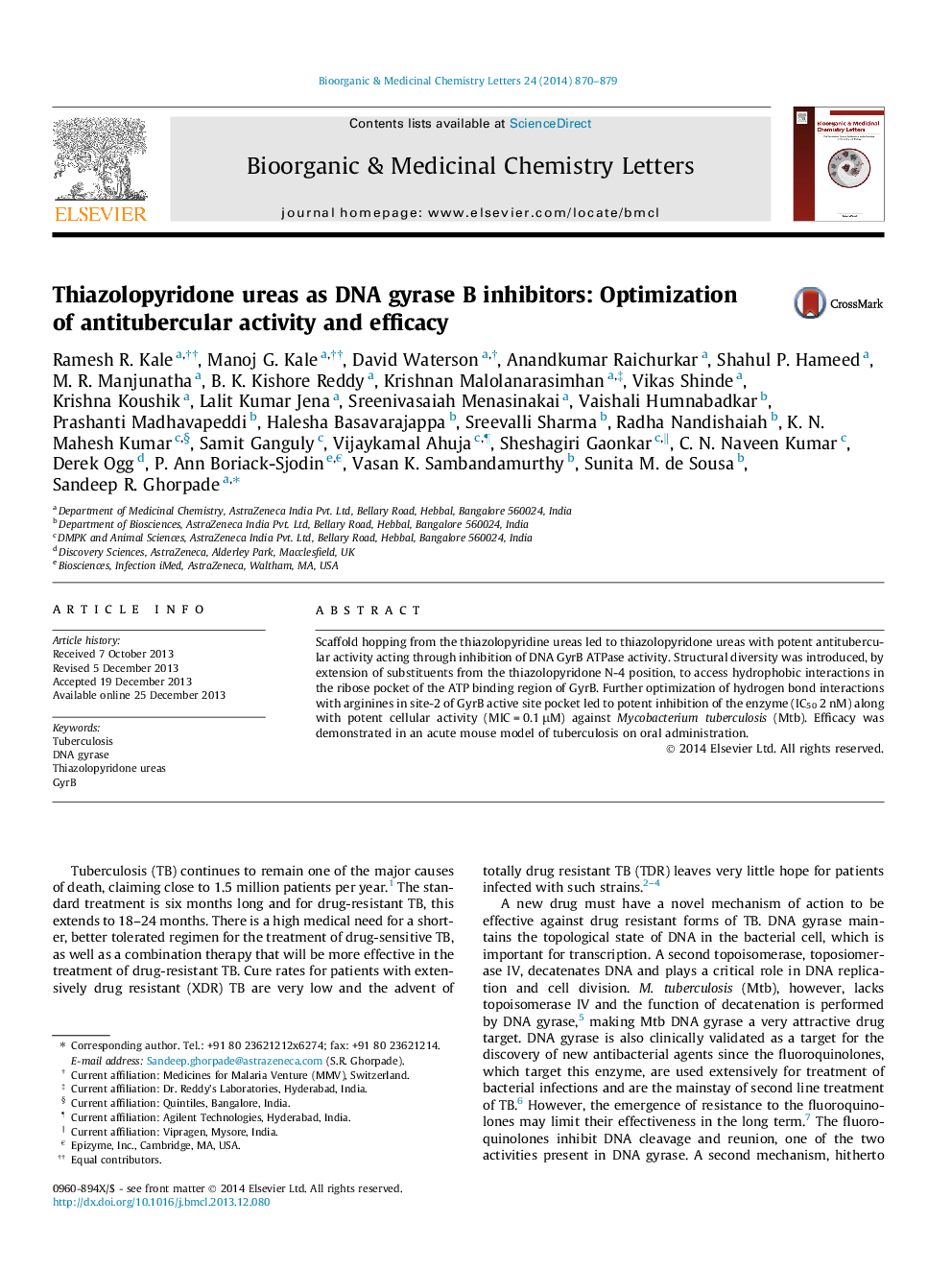 Thiazolopyridone ureas as DNA gyrase B inhibitors: Optimization of antitubercular activity and efficacy