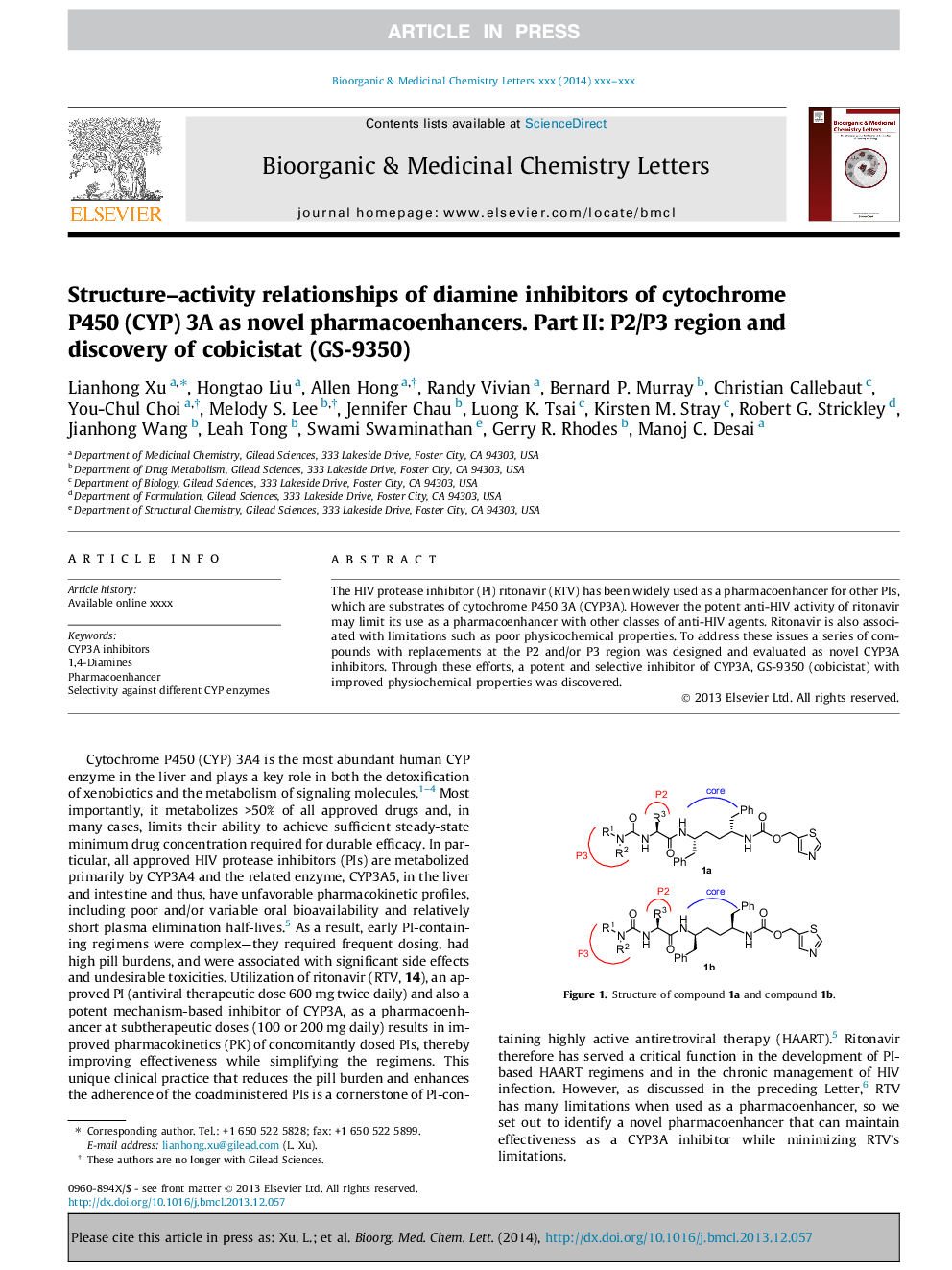 Structure-activity relationships of diamine inhibitors of cytochrome P450 (CYP) 3A as novel pharmacoenhancers. Part II: P2/P3 region and discovery of cobicistat (GS-9350)